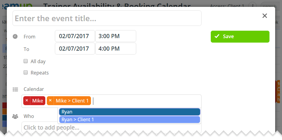 Make sure to assign a booking request to both the trainer's calendar and the client's calendar nested under it, so that both the trainer and the client receive notifications while the booking is properly reflected on the trainer's availability calendar.